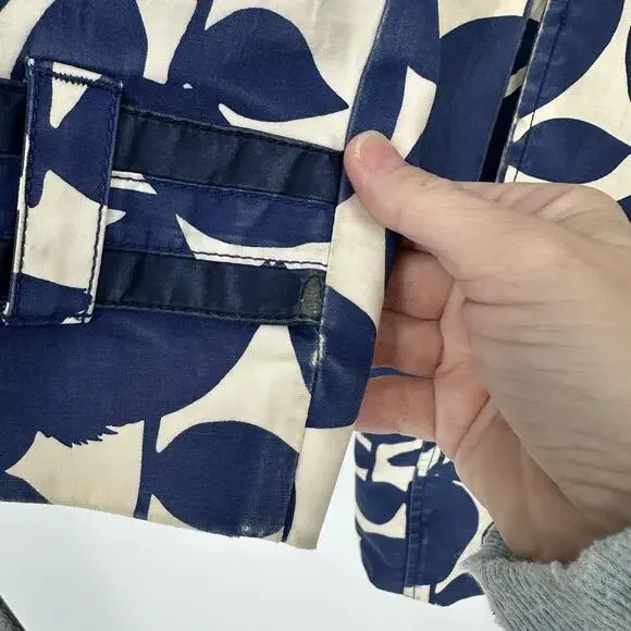 Boden Coat Womens 6 Blue White Apple Print Hooded Belted Rain Trench Jacket - Picture 6 of 13